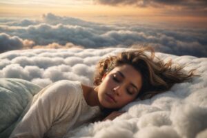 ai generated, woman, face, asleep, nature, sleep, dream, bed, clouds, cloud bed